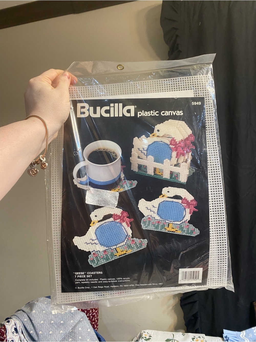 Bucilla White Goose Coaster Kit with Blue Accents and Pink Bows